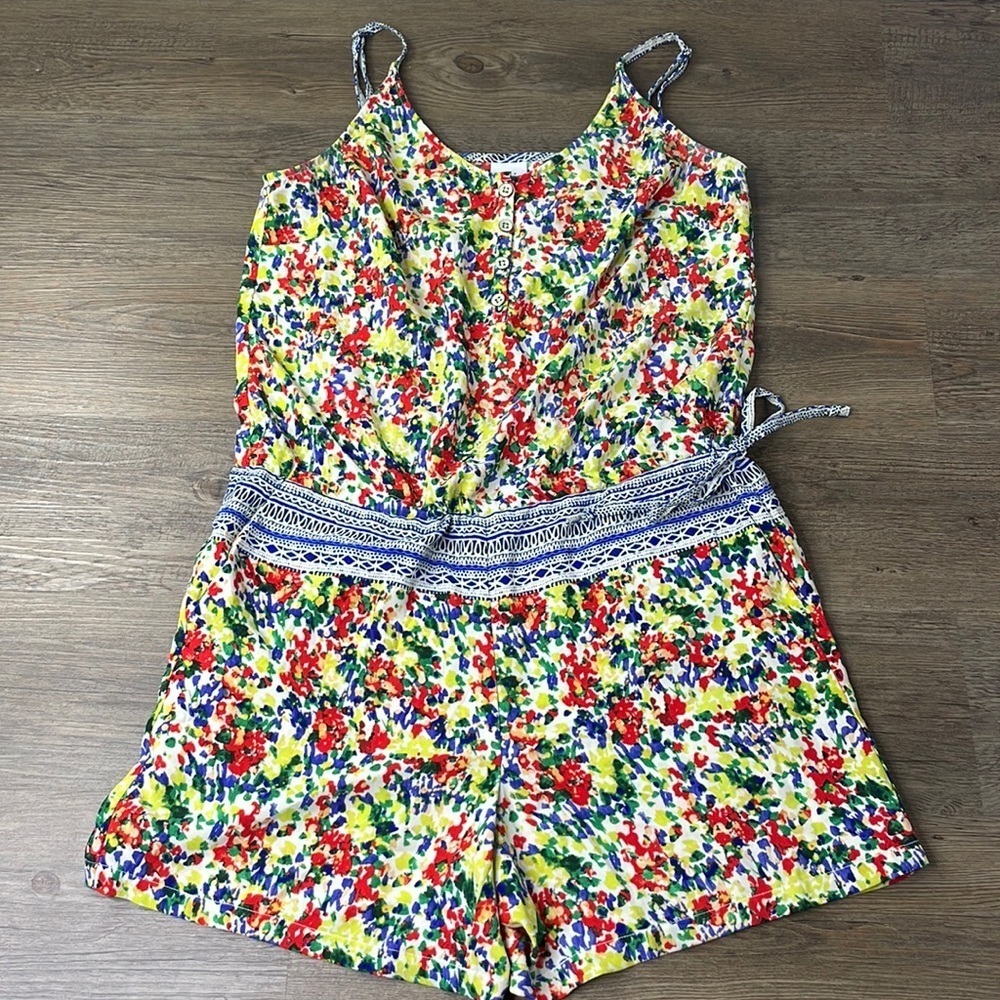 CAbi Womens’s 5261 Floral Fiesta Romper, Red Blue Yellow, Spaghetti Strap, sz Sm